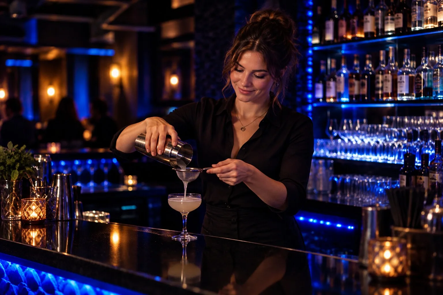 Eine Barkeeperin bereitet einen Cocktail an einer blau beleuchteten Theke zu
