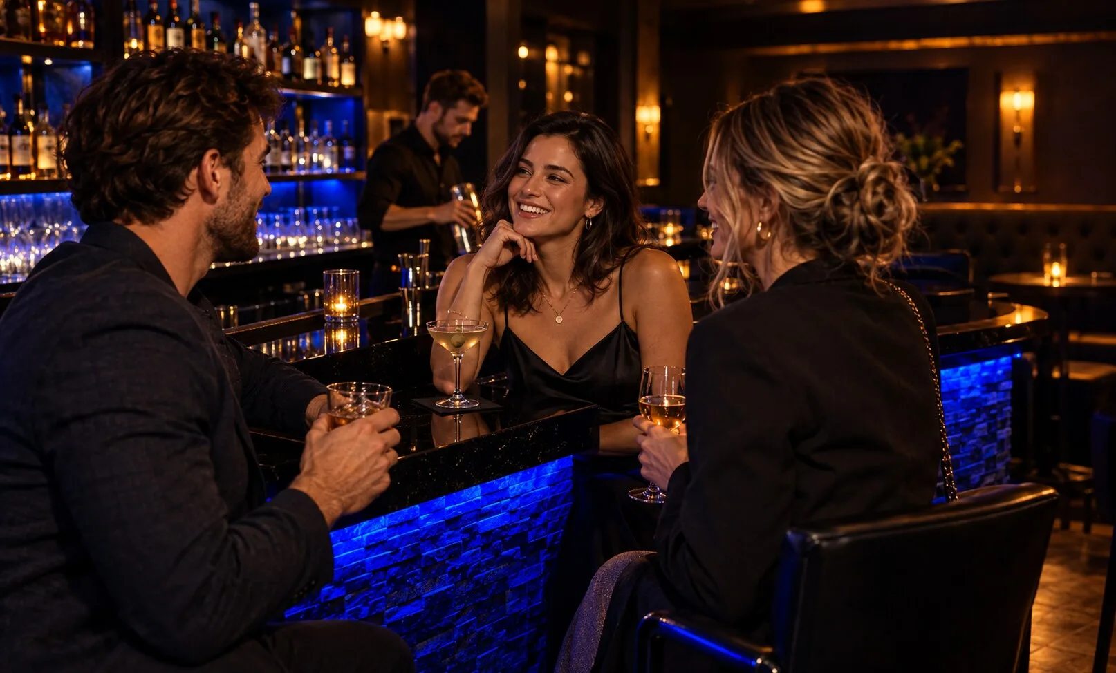 Freunde im Gespräch an einer stimmungsvoll beleuchteten Bar