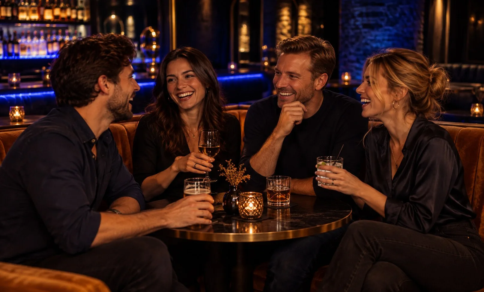 Eine gesellige Runde bei warmem Licht in einer gemütlichen Bar